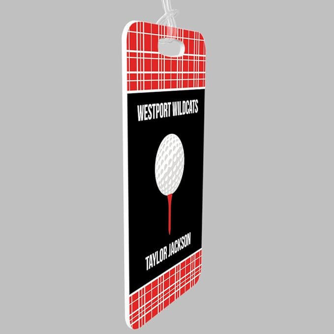 ChalkTalkSPORTS Golf Luggage & Bag Tag | Personalized Team with Golf Ball | Standard Lines on Back | Medium | RED/Black