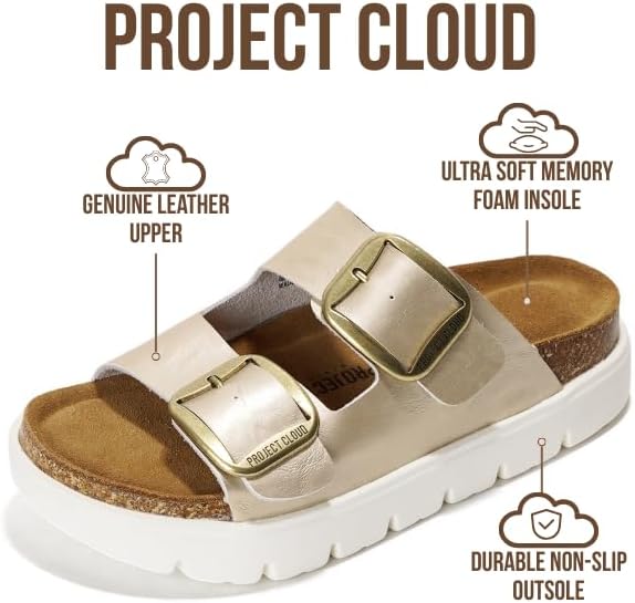 Project Cloud Genuine Leather Platform Sandals Women Footwear - Wedge Chunky Sandals Womens sandals with Memory Foam Insole and Cork Footbed (GREECECHUNKY)