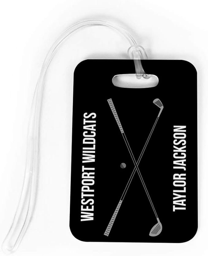 ChalkTalkSPORTS Golf Luggage & Bag Tag | Personalized Crossed Golf Clubs | Standard Lines on Back | Large | Black/Gray