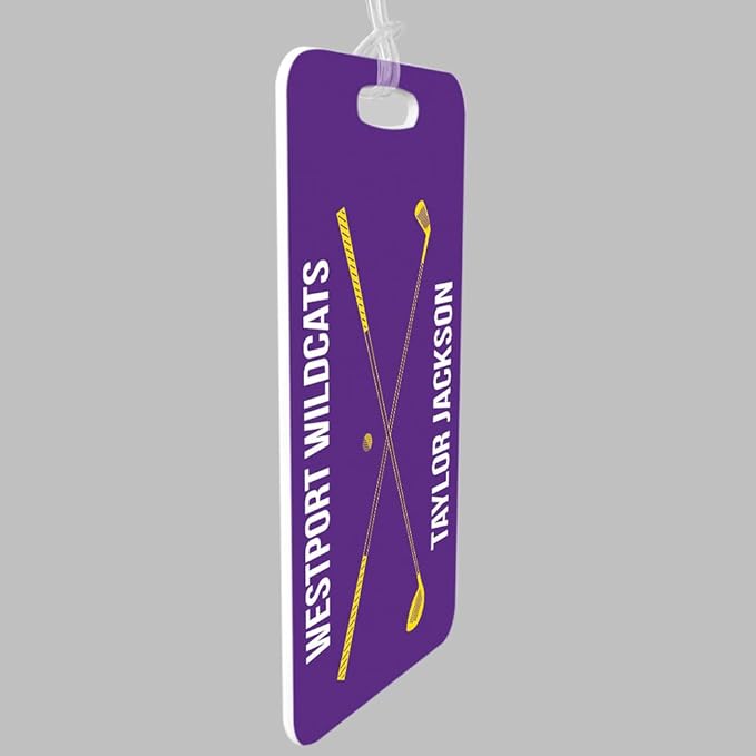ChalkTalkSPORTS Golf Luggage & Bag Tag | Personalized Crossed Golf Clubs | Standard Lines on Back | Large | Purple/Yellow
