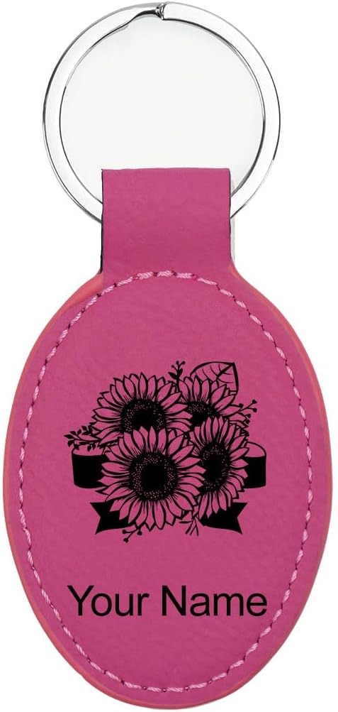 LaserGram Oval Keychain, Sunflowers, Personalized Engraving Included
