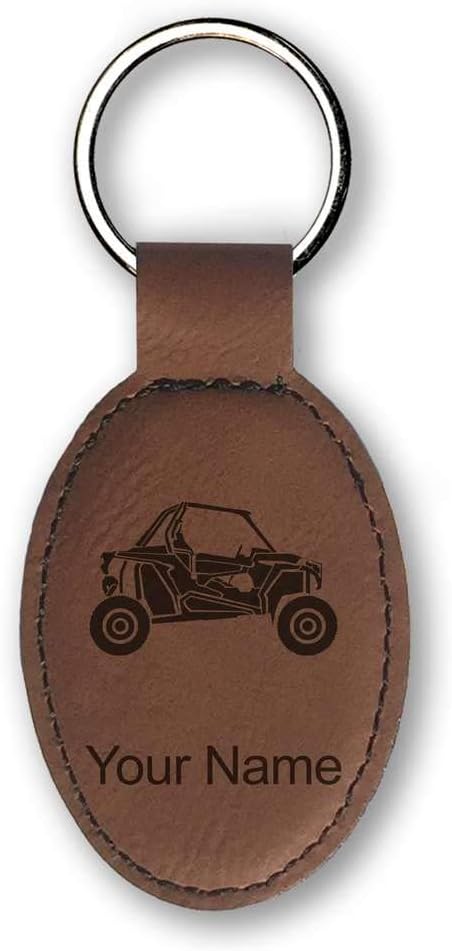 LaserGram Oval Keychain, Off Road Racer, Personalized Engraving Included (Dark Brown)