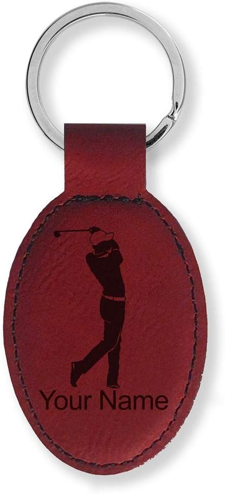LaserGram Oval Keychain, Golfer Golfing, Personalized Engraving Included (Burgundy)