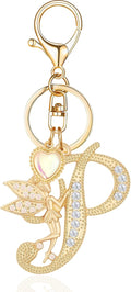 Gold Plated Alphabet Initial Letter Keyring Keychain for Women Girls Crystal Key Chains for Wallet Backpack Bag Charm