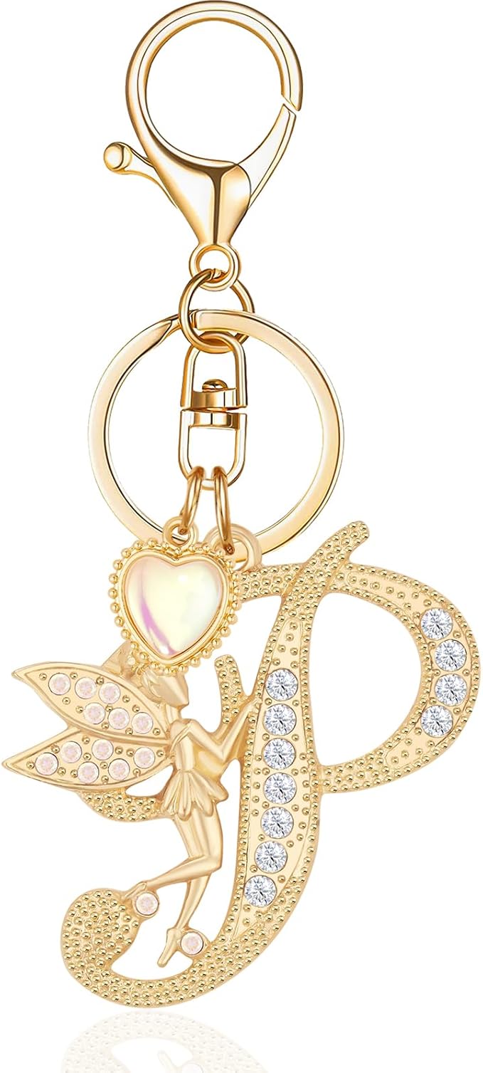 Gold Plated Alphabet Initial Letter Keyring Keychain for Women Girls Crystal Key Chains for Wallet Backpack Bag Charm