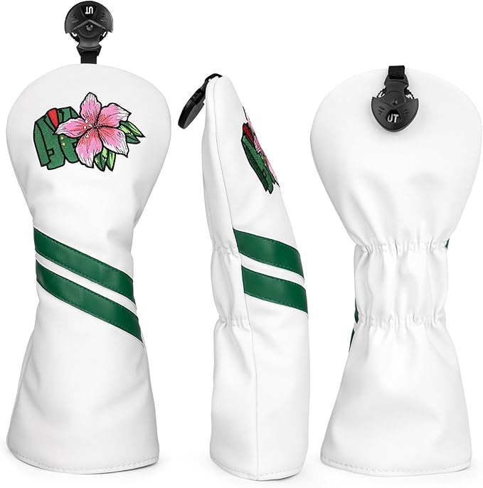 Premium PU Leather Driver Cover, Fairway Wood & Hybrid Covers for Men - Hibiscus Flower Embroidered Golf Head Covers for Woods and Driver -1pc or Set White Golf Club Covers