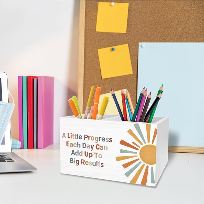 Boho Sun Inspirational Pen Pencil Holder for Desk, Boho Classroom Decor, A Little Progress Each Day Motivational Wooden Box Sign Desk Decor for Classroom Kids Room Decoration