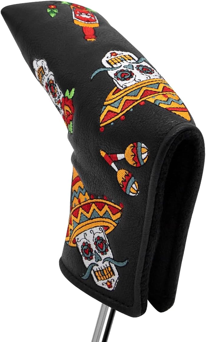 Golf Club Headcover for Drivers, Fairway Woods, Hybrids, and Mallet Blade Putter Sugar Skull Style Premium Leather Golf Headcovers Set with Interchangeable No. Tags