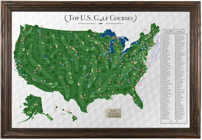 Push Pin Travel Maps Customizable Wall Art - Top Golf Courses USA Map - Solid Wood Brown - Personalized Framed Pin Map, Includes 150 Pins - Handcrafted in USA - 27.5" x 39.5"