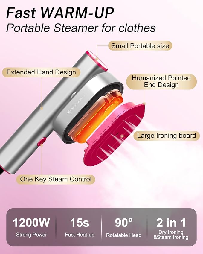 Travel Steamer for Clothes,Handheld Portable Steamer for Clothes,2-in-1 Garment Steamer for Clothes with 10s Fast Heat-Up,Rotatable Head 1200W,110-120V Purple for Travel,Office&Home,Red