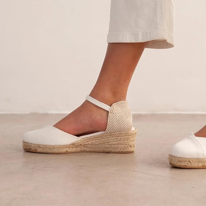 Girona Authentic Spanish Espadrille Wedge Sandals for Women - Sustainable, Eco Friendly, Vegan Shoes. Classic Style, Organic Cotton Canvas Upper, Comfy Insole, Jute Midsole, Rubber Sole. Made in Spain