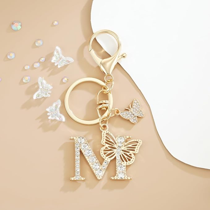 Gold Plated Alphabet Initial Letter Keyring Keychain for Women Girls Crystal Key Chains for Wallet Backpack Bag Charm
