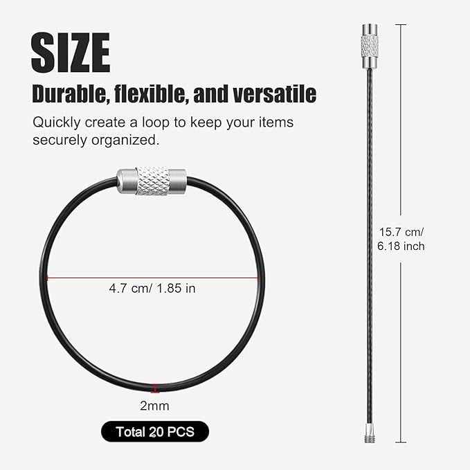20pcs Stainless Steel Wire Keychains Aircraft Cable Cable Key Ring for Hanging ID Tags or Luggage Tags,6.3 inch 2mm Black