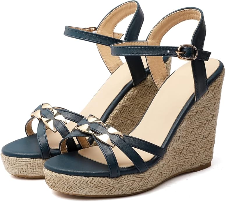 VOKLIN Women's Casual Espadrilles Wedge Sandals Open Toe Ankle Strap Metallic Chunky Platform Dressy Sandal