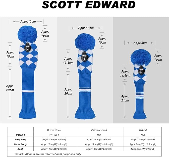 Scott Edward Knit Wood Golf Club Head Covers 4 Pieces Knitted Item Fit Over Well Driver Wood(460cc) Fairway Wood and Hybrid(UT)