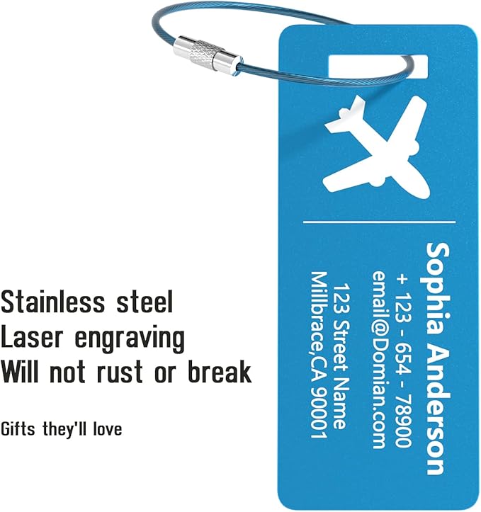 4 Pack Personalized Luggage Tags, Custom Engraved Aluminum Luggage Tags with Your Personalized Text, Waterproof Metal Name Tags with Steel Loop for Bags, Suitcase, Baggage, Backpack (Blue, Small)