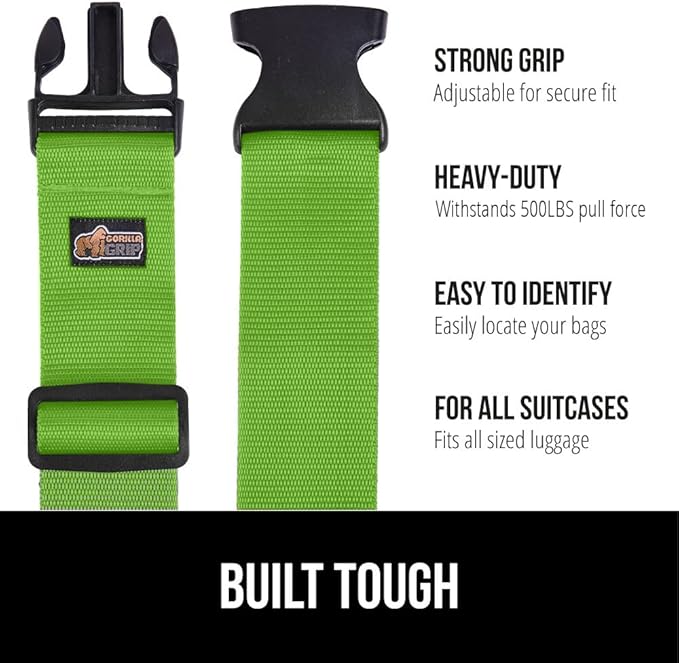 GORILLA GRIP Heavy Duty Adjustable Luggage Straps for Suitcases, Easy to Identify Travel Belt Connector Holds Suitcase Together, Holiday Travel Gift, Stocking Stuffer, Accessories, 2 Pack Green