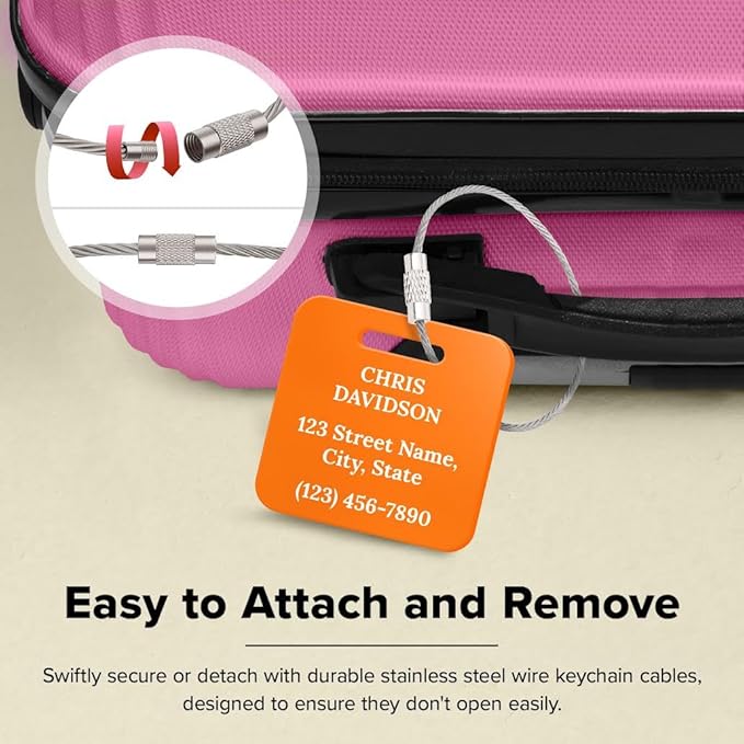 Custom Luggage Tags, Personalized Name Address for Suitcases,Backpack, Handbag, Travel Equipment Tag, 2x2 Inches, Acrylic Heavy Duty Made in The USA by My Sign Center-Orange