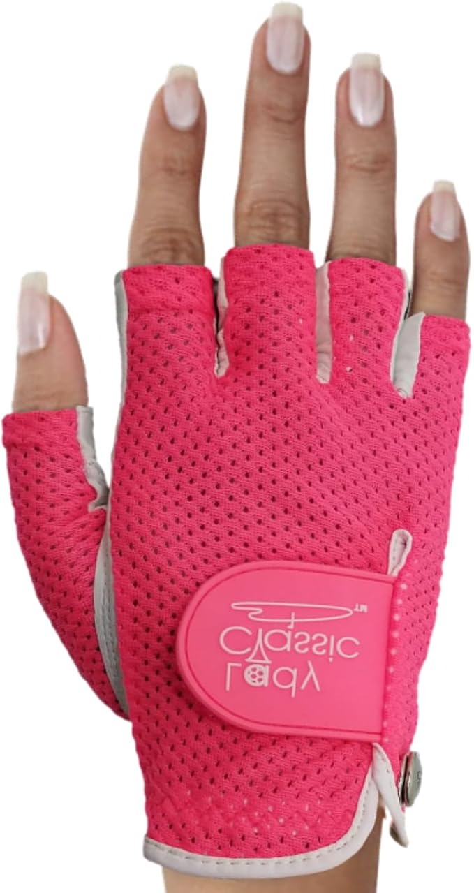 Mesh Half Golf Glove for Women – Premium Cabretta Leather Palm, Breathable Mesh Back, Half-Finger Design Ladies Golf Glove for Enhanced Grip & Comfort