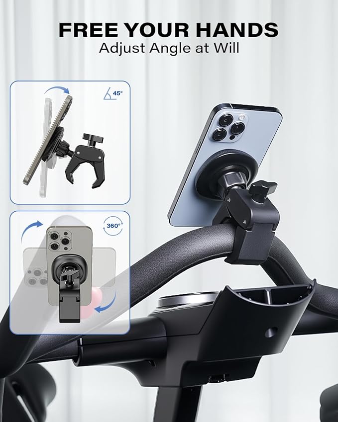 OQTIQ Phone Holder for Peloton Exercise Bike, Heavy-Duty Clamp & 17 N54 Strong Magnetic Phone Mount for Treadmill, Spin Bike, Golf Push Cart, Stroller, Fit for MagSafe iPhone 12-17 Series