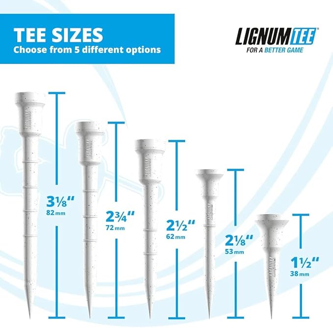 LIGNUM Tee - Classic Golf Tees - Sports Golf Tees - Anti Spin Head, Bio-Based Micro Wood, 50x Durable