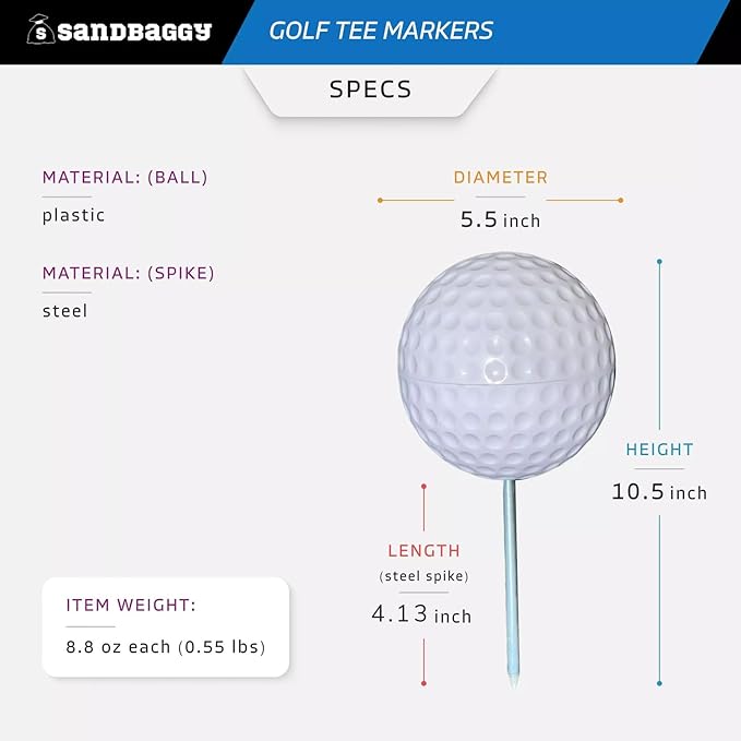 Sandbaggy Plastic Tee Markers for Golf Course (UV Resistant) - Steel Spike - Safety Caps Included