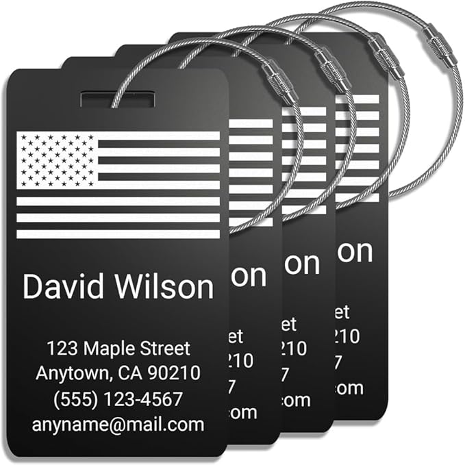 Personalized Luggage Tags for Suitcases 4 Pack – Custom Metal Name Tag for Travel, Golf Bag, and Baggage – Durable Aluminum Luggage Name Tags (Adventure Collection, Black)