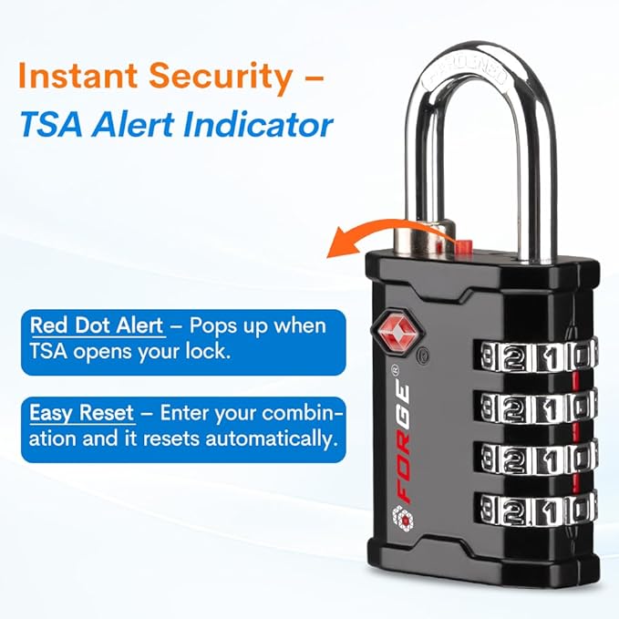 Forge 4-Digit TSA Approved Travel Locks – Heavy-Duty Combination Padlock for Travel, Gym, Pelican Case. Black 2-Pack.