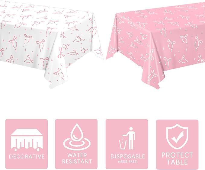 4 Pack Pink Bow Tablecloth, Coquette Birthday Decorations, Bow Disposable Table Cover for Wedding Engagement Bridal Birthday Decorations, 54 x 108 Inch