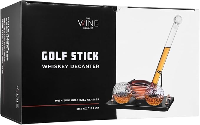 Golf Club Whiskey Decanter Set with 2 Crystal Glasses, 28.7oz Clear Borosilicate Glass 15.2oz Ball Cups for Bourbon Scotch Serving, Sports Themed Barware Birthdays Fathers Day Retirement Gifts for Men