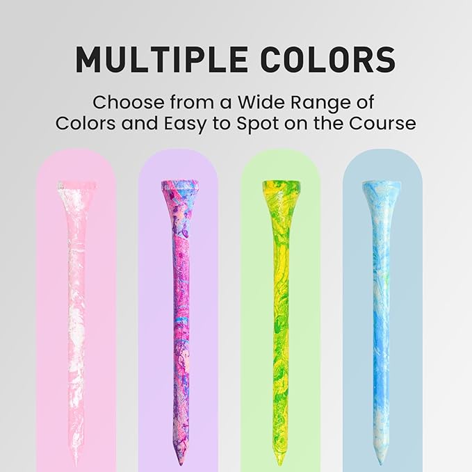 FINGER TEN Golf Tees Stylish Bamboo Wooden Coloured Painted Value 100 Pack, Durable 3 1/4 2 3/4 1 1/2 Inch Long Short Tee, Cool Style Purple Pink Green Enhanced Visibility for Men Women