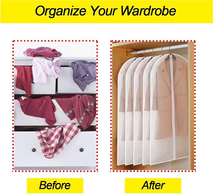 Garment Bag Covers 24''X54'' Lightweight White PEVA Breathable Bags (Pack of 6) with Study Full Zipper for Closet Clothes Storag (24''X55'', White)