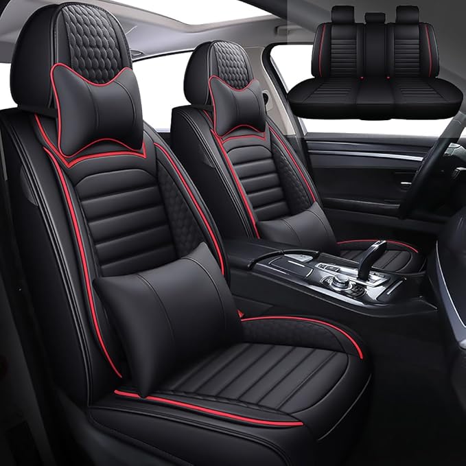 Leather Car Seat Covers for Volkswagen Golf 2001-2021,Car Seat Covers Full Set,Seat Covers with Safety,Waterproof Seat Cover Compatible Airbag(5pcs Black&Red Luxury)