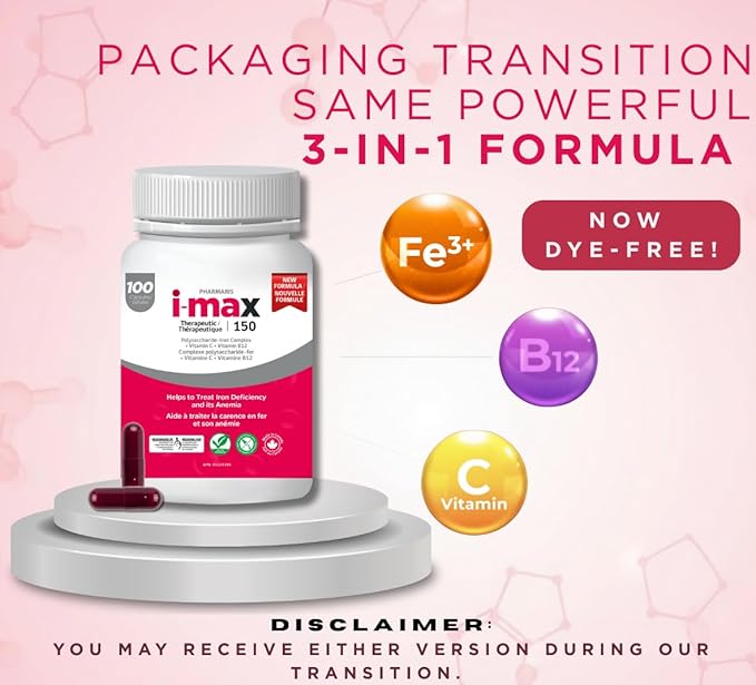 IMAX Iron Supplement 150 mg, Vitamin C 250 mg & B12 1000 mcg, Iron Supplement Treatment for Women & Men, Once Daily, 100 Capsules