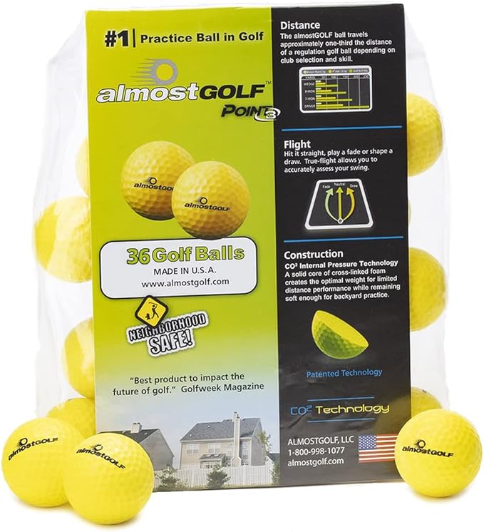 Practice Golf Balls for Golf Training. Made by AlmostGolf. Feel Solid Contact for Great Feedback. Limited Flight for Backyard use. Safe for Indoors. A Golfer Must Have (36 Pack Yellow with 5 Tees)