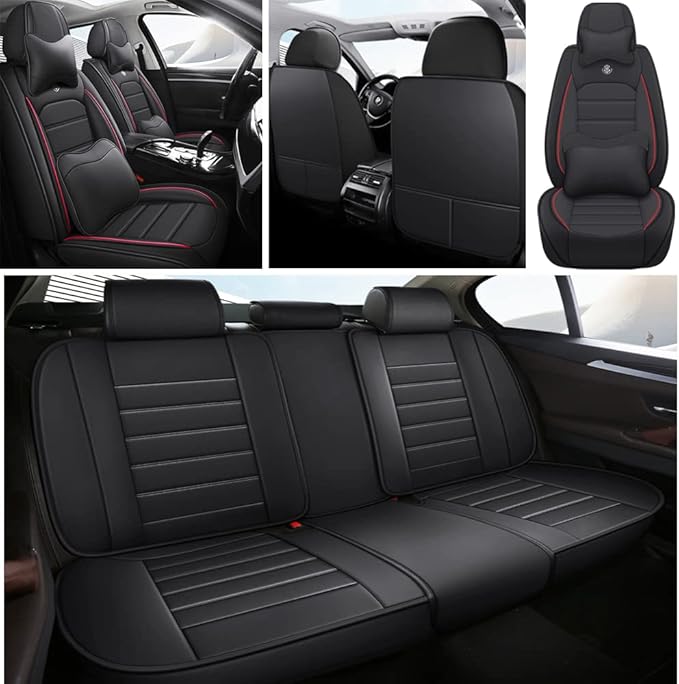 Leather Car Seat Covers for VW Golf SportWagen 2015-2019,Waterproof Soft Seat Covers,Interior Accessories Seat Covers Protector Airbag Compatible(5pcs Black&Red Luxury)