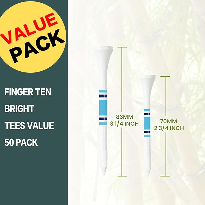 FINGER TEN Golf Tees Wood 3 1/4 2 3/4 Inch Value 50/120 Count, Durable Tees with Bright Colored Stripes for Consistent Height, 70mm 83mm Long Tees Ideal for Golfers