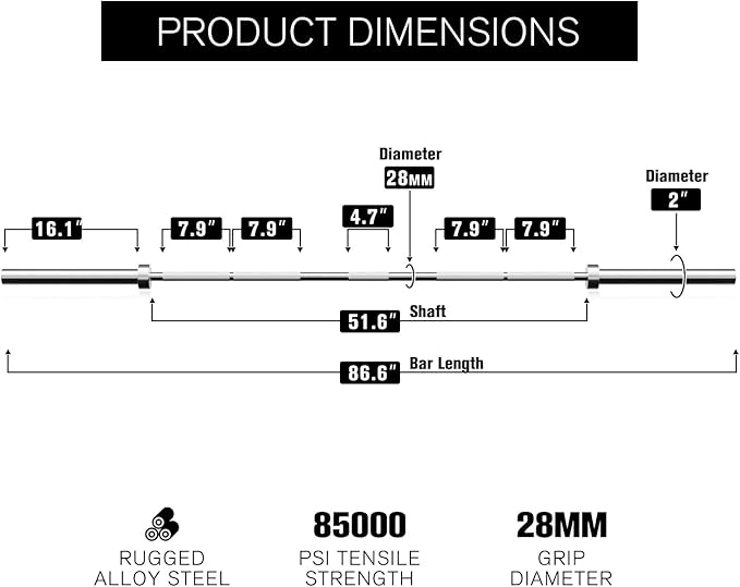 RITFIT 7FT Olympic Barbell for Strength and Weightlifting Training - 2 Inch Olympic Bar for Squat, Deadlift, Bench Press, Curl, Overhead Press - 500lbs/1000lbs/1500lbs Capacity