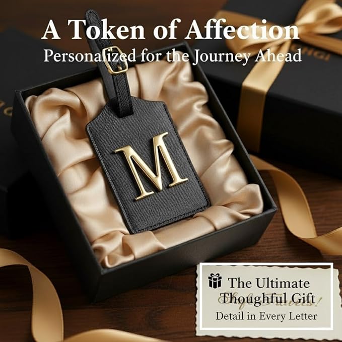 Personalized Initial Letter Luggage Tag for Suitcases PU Leather Baggage ID Tag with Metal Alphabet,Travel Accessory for Backpacks, Bags and Gift for Travelers (Black/Gold-Letter, M)