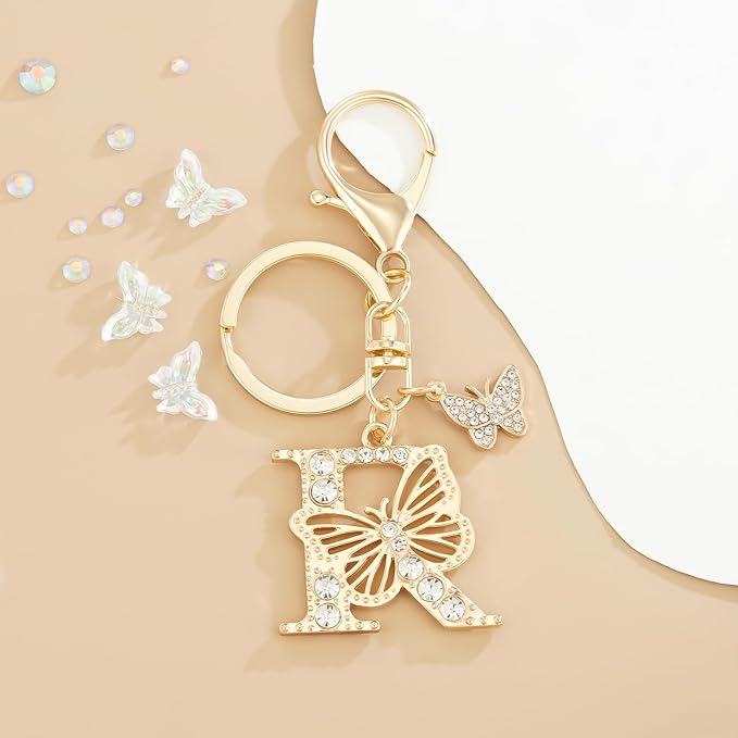 Gold Plated Alphabet Initial Letter Keyring Keychain for Women Girls Crystal Key Chains for Wallet Backpack Bag Charm