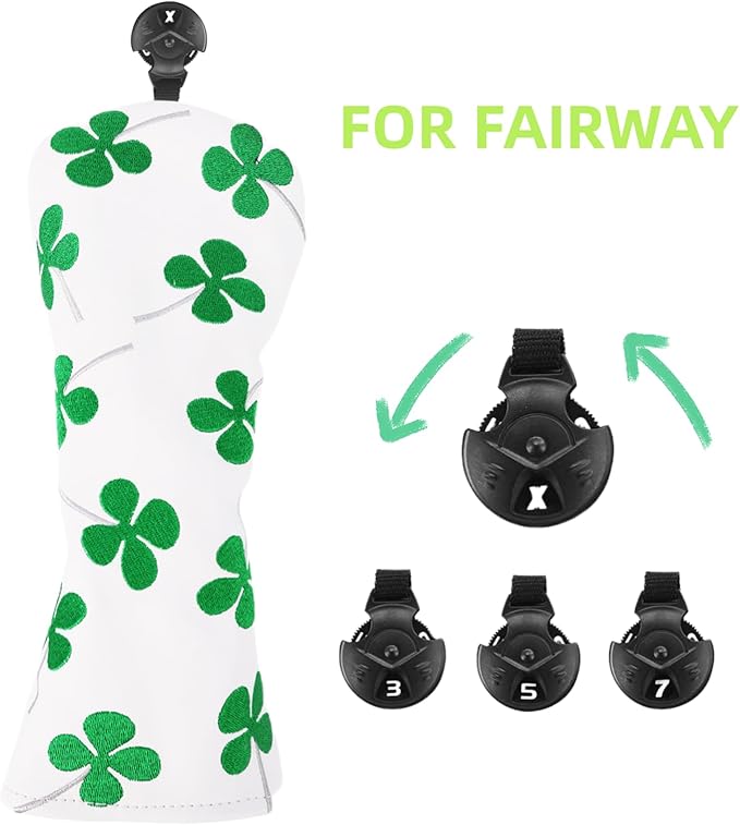 Golf Club Head Covers, 1pc Driver Headcover Fairway Wood Head Cover Hybrid Headcover or 3pcs Golf Headcovers Set 1 F H, Lucky Clover Golf Club Covers for 3 Wood, Drivers, Hybrids