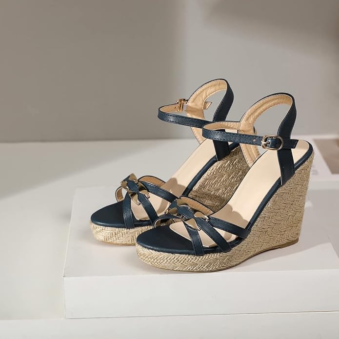 VOKLIN Women's Casual Espadrilles Wedge Sandals Open Toe Ankle Strap Metallic Chunky Platform Dressy Sandal