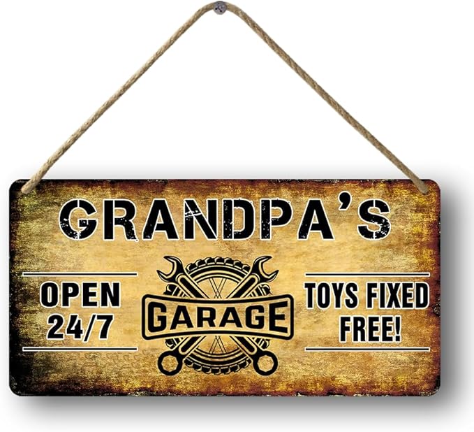 Grandpa's Garage Wooden Sign - Papa's Fix It Shop Vintage Mechanic Sign - Toys Fixed For Free - Woodworking Gift for Grandpa - 6x12 Inch