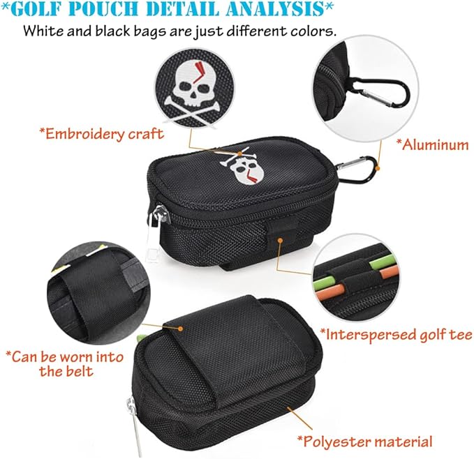 Skull Golf Ball Pouch Golf Tee Organizer Bag Golf Accessory Holder Waist Belt Polyester Key Storage Marker Component Pocket Zipper Hook Durable Sports Small Black Gift for Dad Men Women