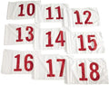 Vispronet Numbered Golf Flags for Putting Green (9) – 20in x 14in White & Red Flags Numbered 10-18, Golf Range Accessories for Courses, Outdoor Hole Flag, Durable Polyester Material