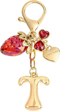 Snycler Bubble Initial Keychain with Strawberry & Bow- Gold Letter Bag Charms for Women, Cute Purse Handbag Accessories