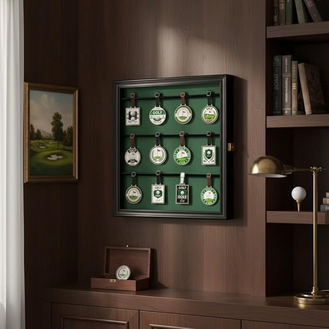 DisplayGifts Golf Bag Tag Display Case, UV-Protected Acrylic Wall-Mount Shadow Box with Green Felt Backing, Collector Cabinet for Personalized Golf Club Tags, 16 x 15.3 x 1.85 Inches, Black Finish