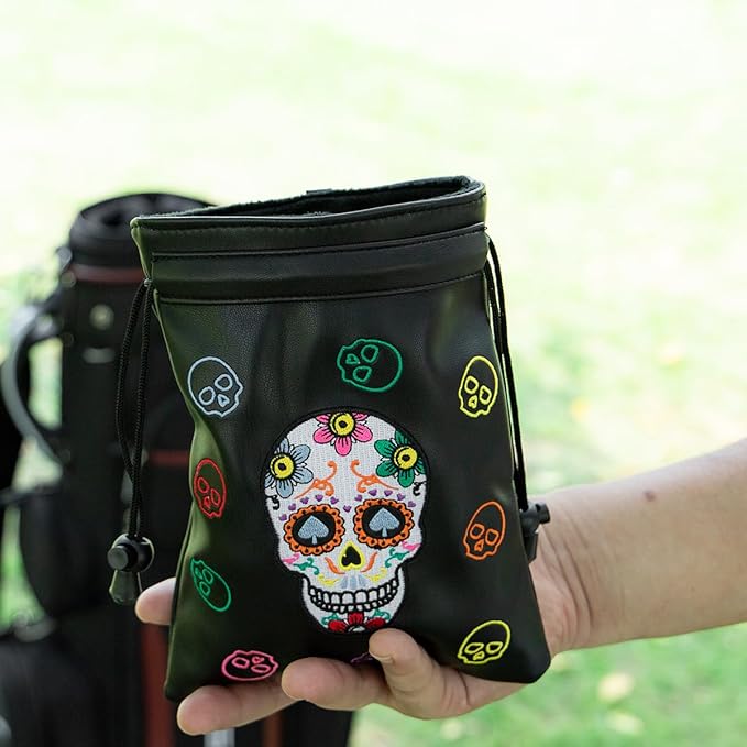 montela golf Valuables Pouch with Drawstrings Skeleton Golf Tee Pouch Leather Ball Bag for Men Women