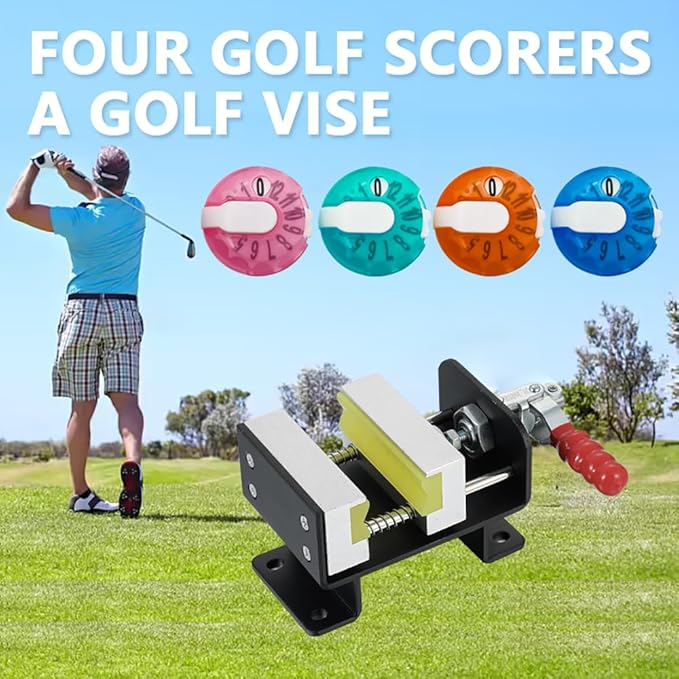 Golf Club Vise Duty Clamp for Precision Shaft/Grip Work + 4-Pack Mini Score Counters - Complete Set for Grip Replacement, Club Customization & Portable Stroke Tracking on The Green