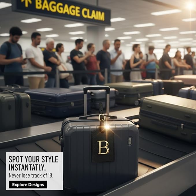 Personalized Initial Letter Luggage Tag for Suitcases PU Leather Baggage ID Tag with Metal Alphabet,Travel Accessory for Backpacks, Bags and Gift for Travelers (Black/Gold-Letter, B)